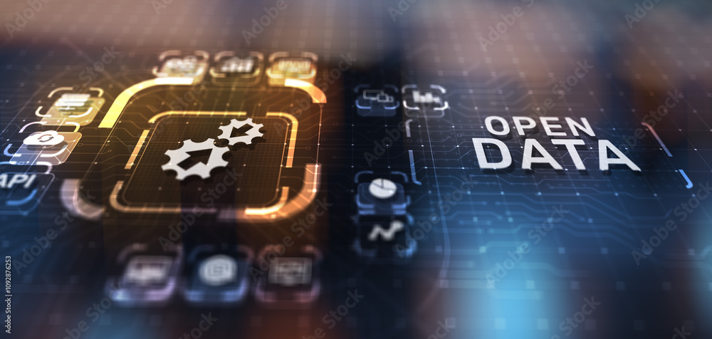 Poster open data database integration api internet technology concept.