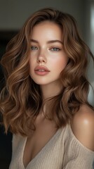 Fototapeta premium Portrait of a Woman with Wavy Brunette Hair