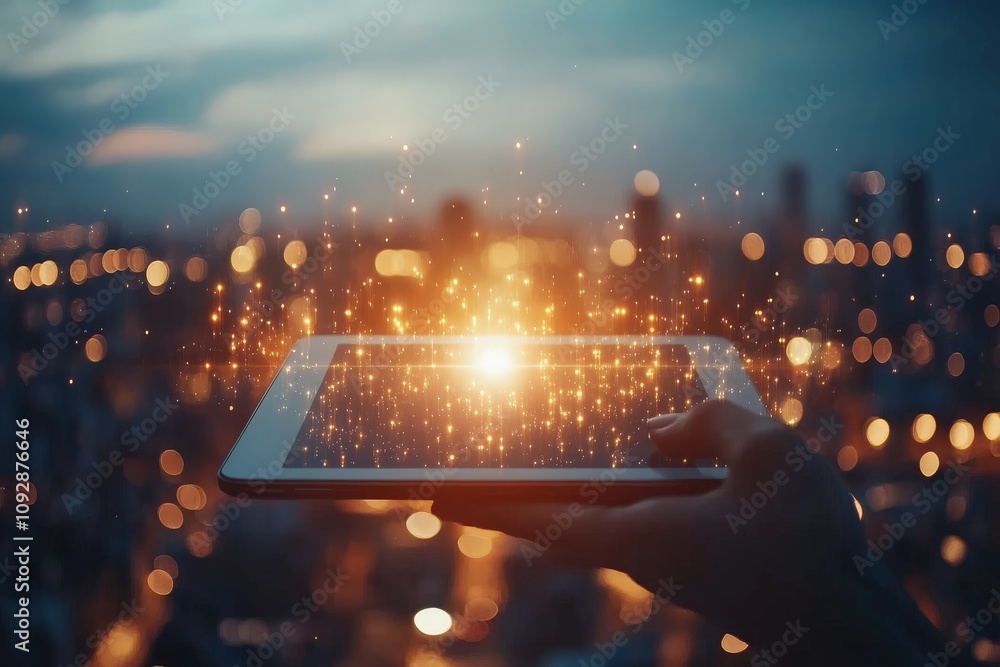 Poster a digital tablet displaying a glowing network in a city skyline at dusk, symbolizing technological c
