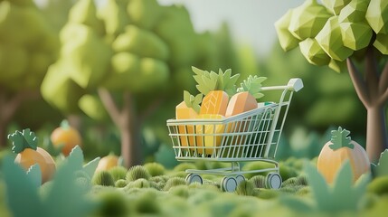 Paper Art-Style Shopping Cart in a Forest Scene. AI generated illustration