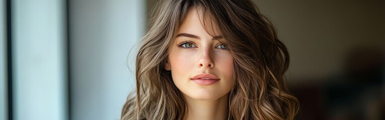 Obraz premium Portrait of a Woman with Wavy Brunette Hair