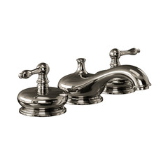 A silver faucet with three handles