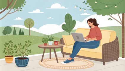 Fototapeta premium Freelance Girl Working on Laptop in Comfortable Patio During a Sunny Day. Generative AI