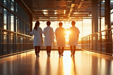 A group of four medical professionals, dressed in white coats and carrying tablets, are walking through a hospital corridor with the soft light of dusk around them.