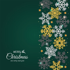 Christmas background with Shining Snowflakes. Christmas Greeting Card and Happy New Year Invitation. Christmas tree background with shining snowflakes, stars. Vector illustration