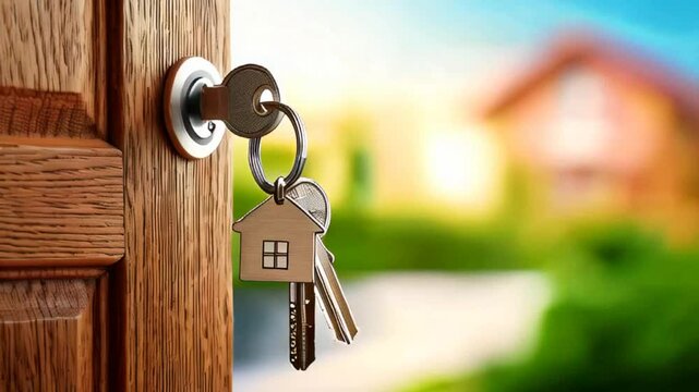 key with house keychain in hand in new apartment. move in new home. Buy or rent real estate. flat tenancy, leasehold property, new landlord, investment, dwelling, loan, mortgage