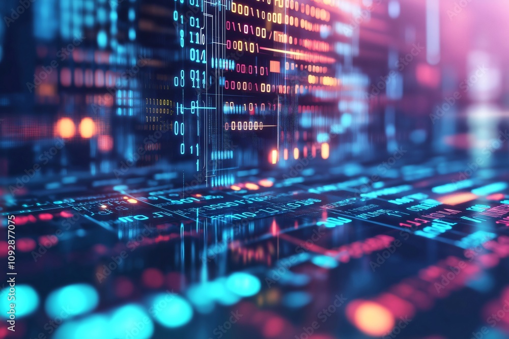 Poster digital data flowing and merging in a cyberspace visualization with blue and orange lights