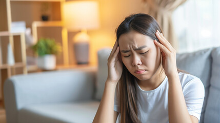Obraz premium Person sitting in a dimly lit room, holding head with both hands, looking distressed. Symbolizing stress and mental strain due to a nerve disorder.