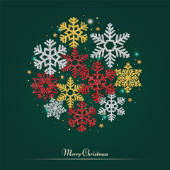 Christmas background with Shining Snowflakes. Christmas Greeting Card and Happy New Year Invitation. Christmas tree background with shining snowflakes, stars. Vector illustration