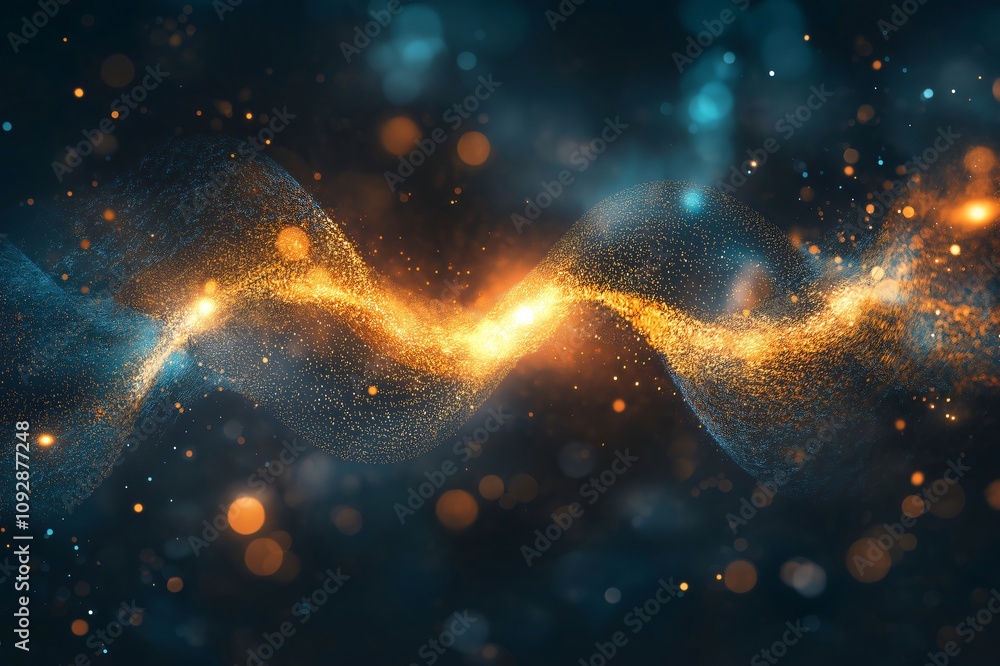 Poster abstract golden wave of data particles flowing on dark blue background, visualizing big data and tec