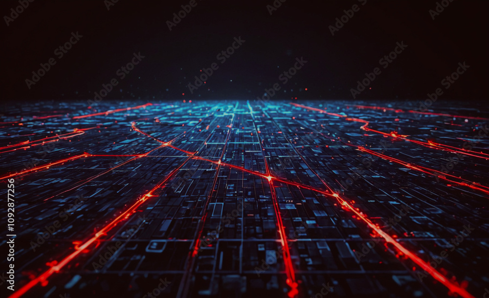 Poster computer generated image of a city with red lines. the city is shown in black and white