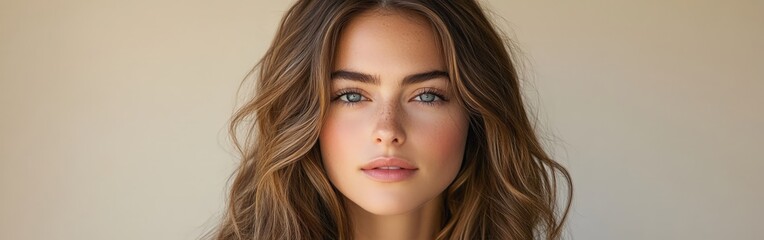 Fototapeta premium Portrait of Woman with Wavy Brunette Hair and Subtle Makeup