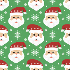 Festive seamless pattern featuring Santa Claus faces, snowflakes, and a green background. Perfect for Christmas-themed designs, gift wrapping, and holiday decor.