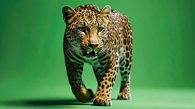 Jaguar Prowl: A majestic jaguar, with piercing green eyes, walks towards the camera with a confident stride. Its spotted coat blends seamlessly with the green background, creating a striking visual.