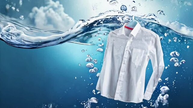 video of cleaning clothes washing machine or liquid detergent commercial advertisement style with floating white shirt underwater with bubbles and wet splashes laundry work as banner design