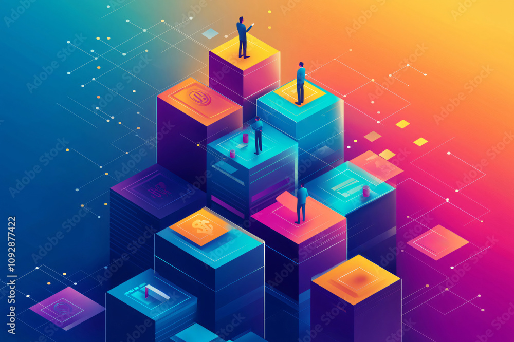 Poster businesspeople standing on colorful cubes representing cloud computing services, symbolizing technol
