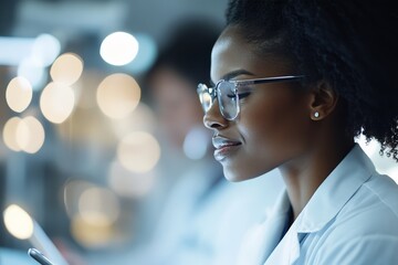 A woman in a laboratory environment, focused on her tasks, wearing glasses and a lab coat, embodies dedication to excellence and scientific exploration.