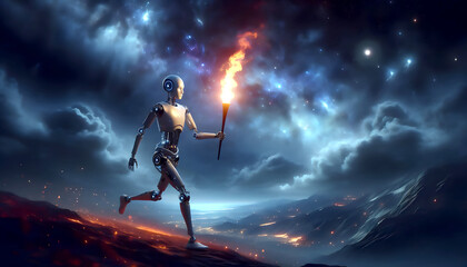 artificial intelligence robot torch flame cosmic space exploration humanity future