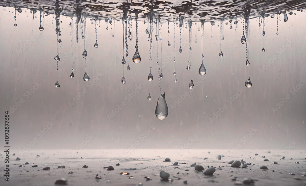 Poster large body of water with a lot of raindrops falling from the sky. the raindrops are falling in a lin