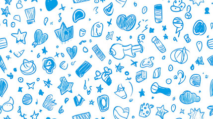 Cute doodle seamless pattern in blue line art