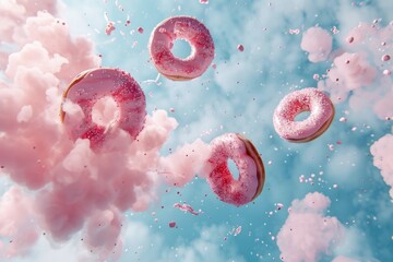 Pink donuts with sprinkles floating in a dreamy pink and blue cloudlike background.