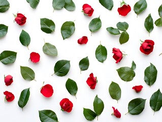 Red rose petals and green rose leaves scattered on white background. 