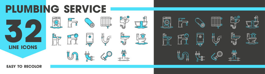 Plumbing service line icons of water pipe drain or sewerage repair vector pictograms. Plumber service icons for kitchen sink and bathroom pipe leak, blockage fix and sewage pipes sanitary maintenance