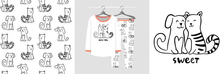 Seamless pattern and illustration for kid with dog and cat. Best friends bundle. Sweet text. Cute design pajamas. Baby background for fashion t-shirt print, birthday invitation card, wrapping