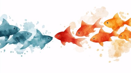 Vibrant and Colorful Watercolor Illustration of Shimmering Fish Swimming Together in a School, Capturing the Beauty and Harmony of Aquatic Life
