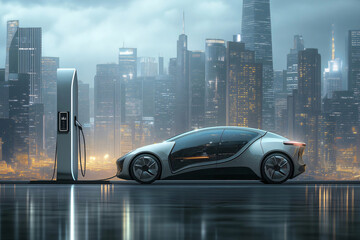 Futuristic electric car charging in a modern city at night, showcasing the concept of sustainable transportation