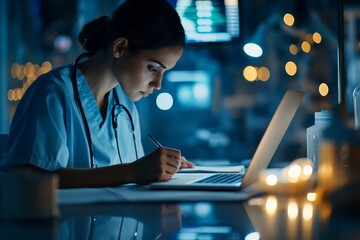 A focused nurse works diligently on a laptop during a night shift in a dimly lit medical facility, underscoring dedication, hard work, and the healthcare profession.