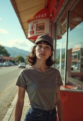 Mockup of a young woman in a grey t-shirt and cap, standing in front of a retro-style take-away...