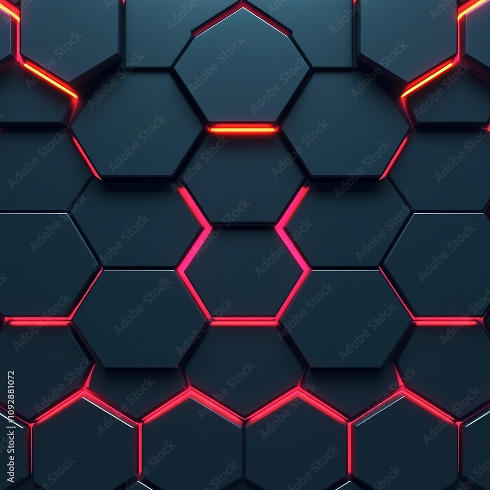 Poster abstract dark hexagon pattern with red neon lights.