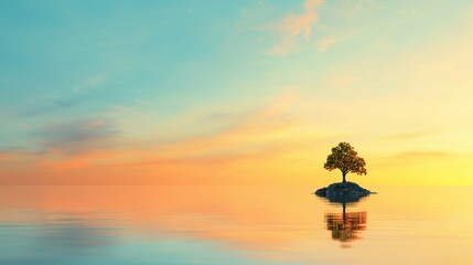 Serene Sunset Over Calm Waters with a Single Tree on an Island, Symbolizing Peace and Financial Independence in a Natural Setting