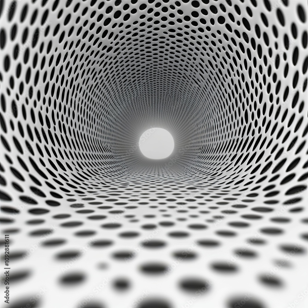 Poster abstract grayscale tunnel with dotted pattern, converging towards a bright light.