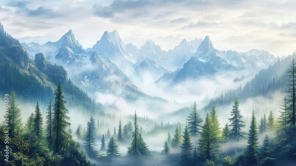 Poster a mountain range with a foggy sky and trees