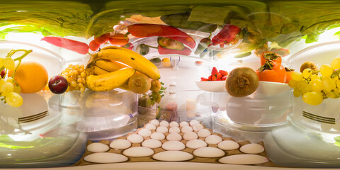 A seamless 360-degree panoramic close-up inside a refrigerator highlights fresh fruits, vegetables,...