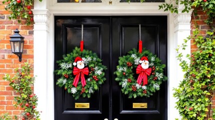 Fototapeta premium Festive Christmas Wreaths Adorn Elegant Black Double Doors in an English Home. Generative AI