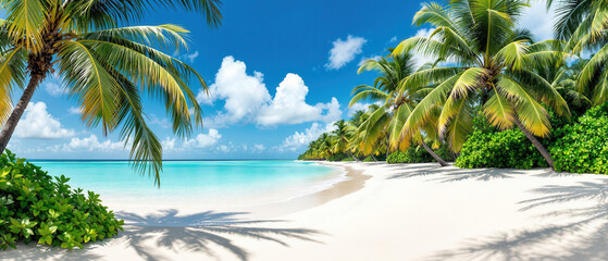 A panoramic view of a tropical beach lined with palm trees, pristine white sand, turquoise waters and lush greenery.