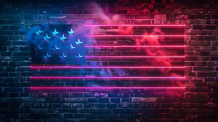 Obraz premium A neon representation of the American flag against a dark, textured brick wall, creating a vibrant and modern aesthetic.