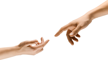 Two hands reaching towards each other isolated on transparent background. Connection, building relationships, love. Concept of visual communication, signs