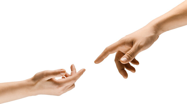 Two hands reaching towards each other isolated on transparent background. Connection, building relationships, love. Concept of visual communication, signs