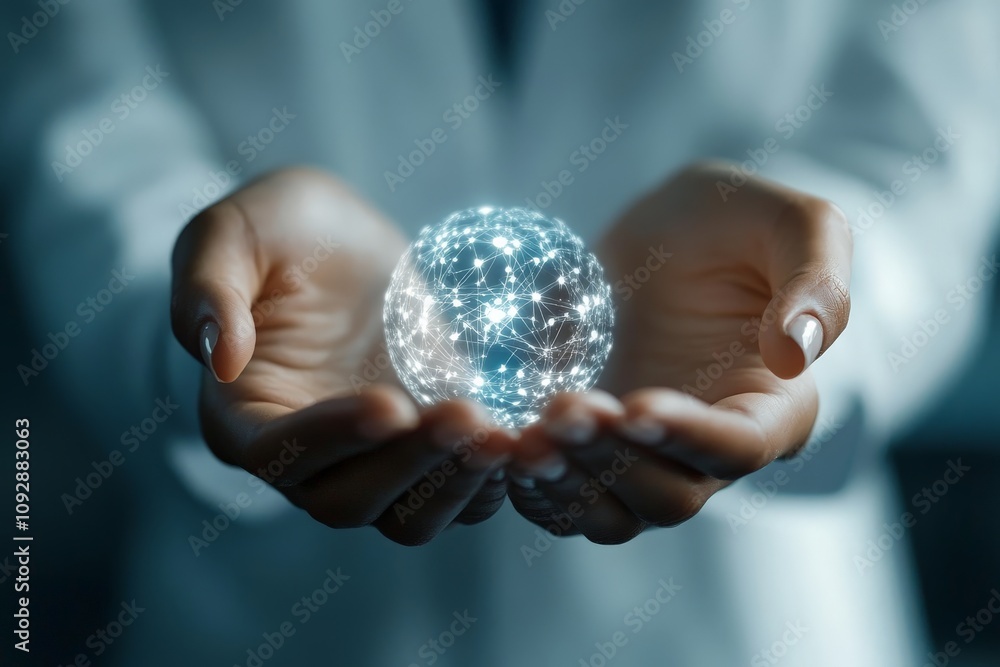 Poster a pair of hands presents a futuristic digital globe, representing a global network of interconnected