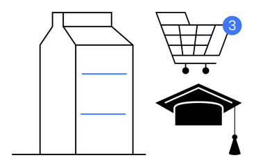 Shopping cart with a notification, milk carton, and graduation cap. Ideal for retail, education, groceries, e-commerce, notifications shopping daily tasks. Line metaphor