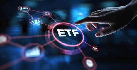 ETF Exchange-Traded Fund Investment Strategy, projection on a virtual screen, Business and Technology Concept.