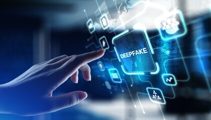 Deepfake Synthetic Media Creation and Manipulation, projection on a virtual screen, Business and Technology Concept.