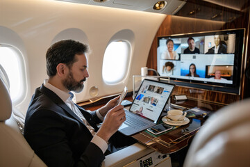 Freelancer working on a tablet during a flight, seated comfortably in an airplane’s business class