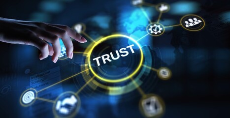 Trust Building Credibility and Strong Relationships, projection on a virtual screen, Business and Technology Concept.