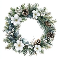 A beautifully crafted winter wreath adorned with white flowers, pinecones, and evergreen branches, perfect for seasonal decoration.