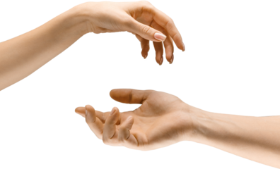 Two hands gently reaching towards each other, representing care, trust, and emotional connection. Isolated on white. Isolated on transparent background Concept of visual communication, signs